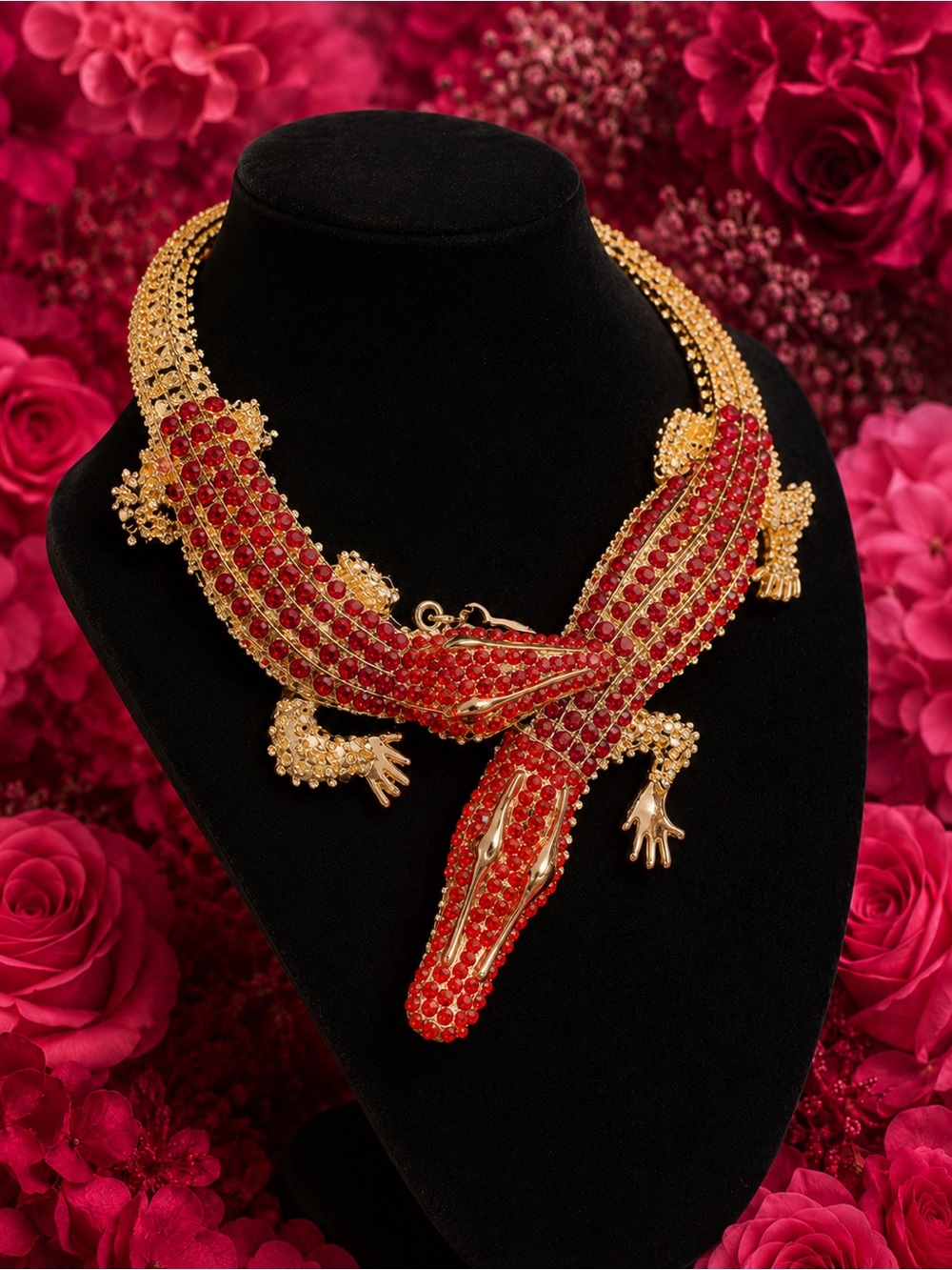 Gold-tone Red Crystal Alligator Statement Necklace - Picture 2 of 6